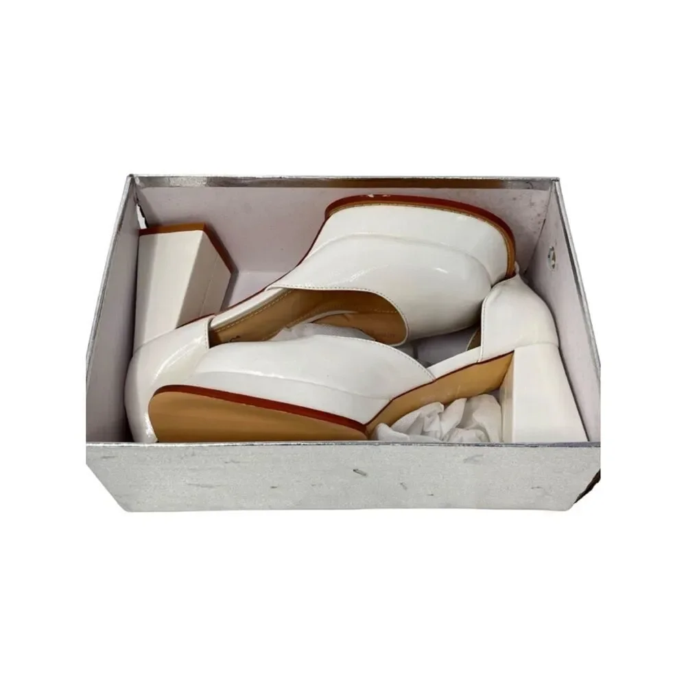 White Platform Block Heel Pumps Minimalist Square Toe Ankle Strap Size 9.5